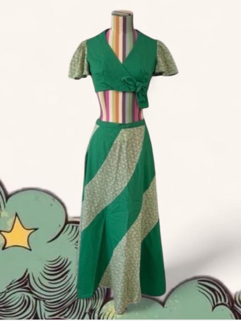 Vintage Handmade 1970s 3 Piece Skirt Crop Top Shawl Set